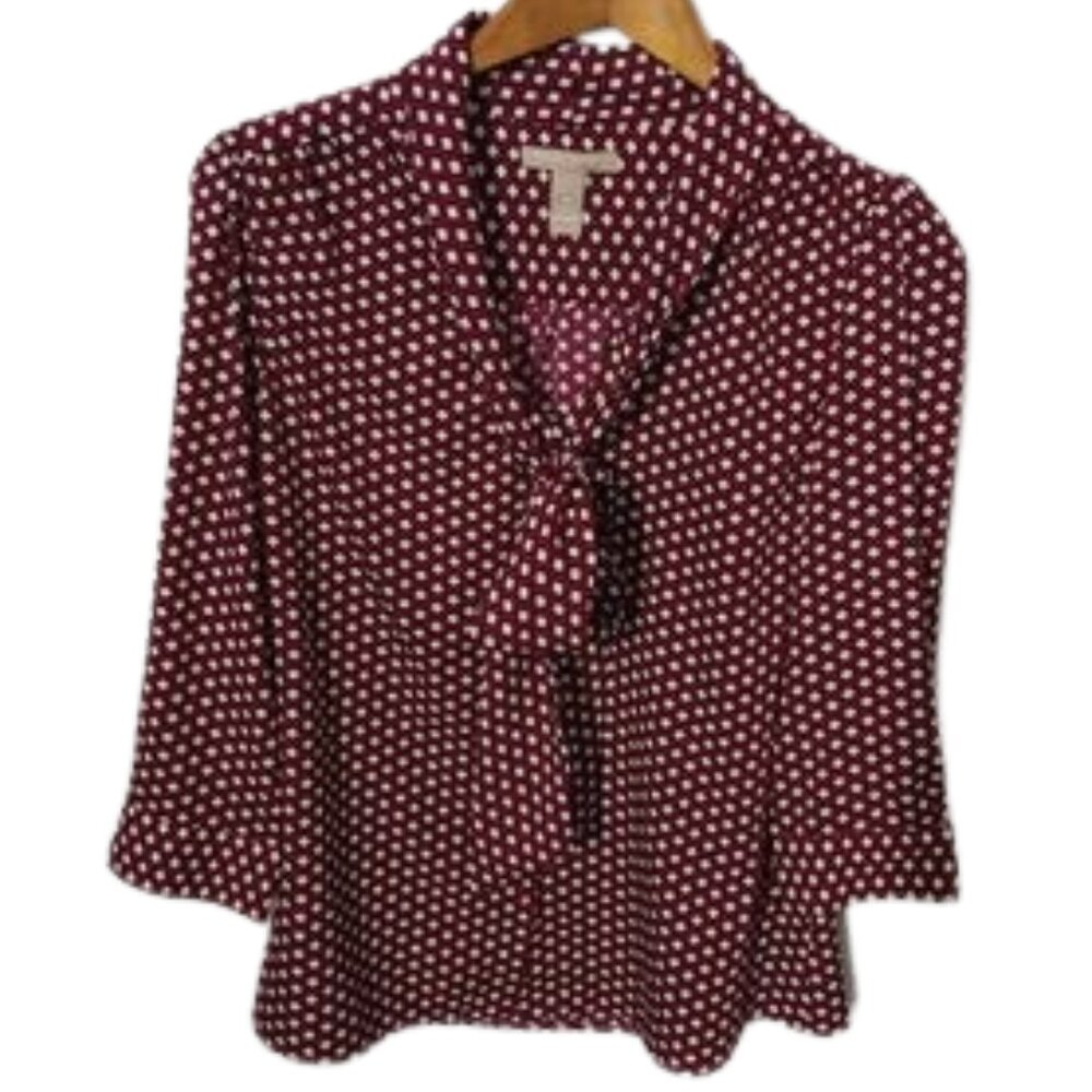 Banana Republic Maroon Polka Dot Tie-Neck Blouse
